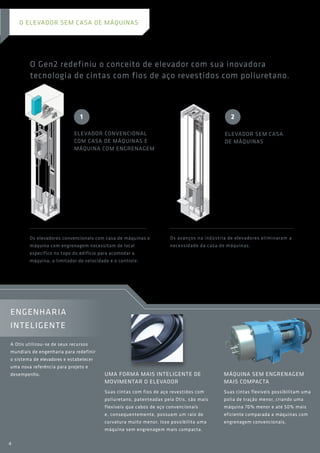 Uma forma mais inteligente de
movimentar o elevador
Suas cintas com fios de aço revestidos com
poliuretano, patenteadas pela Otis, são mais
flexíveis que cabos de aço convencionais
e, consequentemente, possuem um raio de
curvatura muito menor. Isso possibilita uma
máquina sem engrenagem mais compacta.
Máquina sem engrenagem
mais compacta
Suas cintas flexíveis possibilitam uma
polia de tração menor, criando uma
máquina 70% menor e até 50% mais
eficiente comparada a máquinas com
engrenagem convencionais.
ENGENHARIA
INTELIGENTE
A Otis utilizou-se de seus recursos
mundiais de engenharia para redefinir
o sistema de elevadores e estabelecer
uma nova referência para projeto e
desempenho.
O Gen2 redefiniu o conceito de elevador com sua inovadora
tecnologia de cintas com fios de aço revestidos com poliuretano.
Os elevadores convencionais com casa de máquinas e
máquina com engrenagem necessitam de local
específico no topo do edifício para acomodar a
máquina, o limitador de velocidade e o controle.
Os avanços na indústria de elevadores eliminaram a
necessidade da casa de máquinas.
1
ELEVADOR CONVENCIONAL
COM CASA DE MÁQUINAS E
MÁQUINA COM ENGRENAGEM
2
ELEVADOR SEM CASA
DE MÁQUINAS
o elevador sem casa de máquinas
4
 