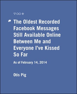 The Oldest Recorded
Facebook Messages
Still Available Online
Between Me and
Everyone I’ve Kissed
So Far
As of February 14, 2014

Otis Pig

 