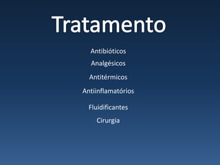 Antibióticos
  Analgésicos
  Antitérmicos
Antiinflamatórios

  Fluidificantes
    Cirurgia
 