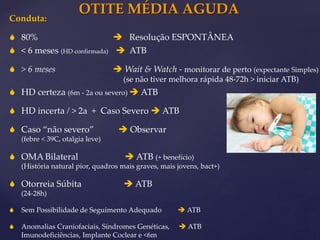 OTITE MÉDIA AGUDA
Conduta:
 80%  Resolução ESPONTÂNEA
 < 6 meses (HD confirmada)  ATB
 > 6 meses  Wait & Watch - monitorar de perto (expectante Simples)
(se não tiver melhora rápida 48-72h > iniciar ATB)
 HD certeza (6m - 2a ou severo)  ATB
 HD incerta / > 2a + Caso Severo  ATB
 Caso “não severo”  Observar
(febre < 39C, otalgia leve)
 OMA Bilateral  ATB (+ benefício)
(História natural pior, quadros mais graves, mais jovens, bact+)
 Otorreia Súbita  ATB
(24-28h)
 Sem Possibilidade de Seguimento Adequado  ATB
 Anomalias Craniofaciais, Síndromes Genéticas,  ATB
Imunodeficiências, Implante Coclear e <6m
 