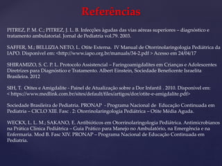 Referências
PITREZ, P. M. C.; PITREZ, J. L. B. Infecções àgudas das vias aéreas superiores – diagnóstico e
tratamento ambulatorial. Jornal de Pediatria vol.79. 2003.
SAFFER, M.; BELLIZIA NETO, L. Otite Externa. IV Manual de Otorrinolaringologia Pediátrica da
IAPO. Disponível em: <http://www.iapo.org.br/manuals/34-2.pdf > Acesso em 24/04/17
SHIRAMIZO, S. C. P. L. Protocolo Assistencial – Faringoamigdalites em Crianças e Adolescentes
Diretrizes para Diagnóstico e Tratamento. Albert Einstein, Sociedade Beneficente Israelita
Brasileira. 2012
SIH, T. Otites e Amigdalite - Painel de Atualização sobre a Dor Infantil . 2010. Disponível em:
< https://www.medlink.com.br/sites/default/files/artigos/dor/otite-e-amigdalite.pdf>
Sociedade Brasileira de Pediatria. PRONAP - Programa Nacional de Educação Continuada em
Pediatria – CICLO XIII. Fasc . 2: Otorrinolaringologia Pediátrica – Otite Média Aguda.
WECKX, L. L. M.; SAKANO, E. Antibióticos em Otorrinolaringologia Pediátrica. Antimicrobianos
na Prática Clínica Pediátrica – Guia Prático para Manejo no Ambulatório, na Emergência e na
Enfermaria. Mod B. Fasc XIV. PRONAP – Programa Nacional de Educação Continuada em
Pediatria.
 