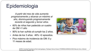 Epidemiologia
A partir del mes de vida aumenta
progresivamente y alcanza un máximo al
año, disminuyendo progresivamente
durante el segundo y tercer años.
 60% de niños han padecido un cuadro
de OM <1 año
 80% la han sufrido al cumplir los 2 años.
 Antes de los 3 años: 46% >2 episodios.
 Pico máximo de incidencia de OM: 6 y
11 meses de edad.
SEORL Sociedad Española de Otorrinolaringología y Patología Cérvico-Facial, OTORRINOLARINGOLOGÍA Manual clínico, Editorial
Panamericana, España, 2011
 
