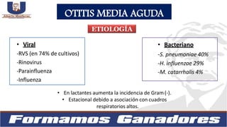 • Viral
-RVS (en 74% de cultivos)
-Rinovirus
-Parainfluenza
-Influenza
• Bacteriano
-S. pneumoniae 40%
-H. influenzae 29%
-M. catarrhalis 4%
• En lactantes aumenta la incidencia de Gram (-).
• Estacional debido a asociación con cuadros
respiratorios altos.
OTITIS MEDIA AGUDA
ETIOLOGÍA
 