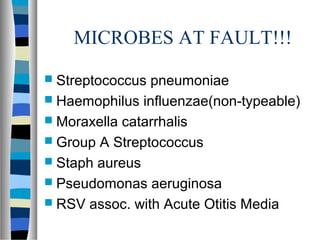 MICROBES AT FAULT!!!
 Streptococcus pneumoniae
 Haemophilus influenzae(non-typeable)
 Moraxella catarrhalis
 Group A Streptococcus
 Staph aureus
 Pseudomonas aeruginosa
 RSV assoc. with Acute Otitis Media
 