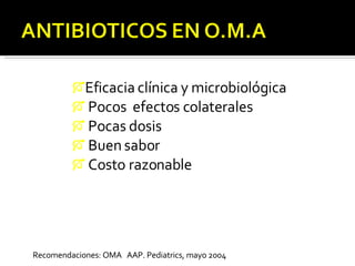 Eficacia clínica y microbiológica Pocos  efectos colaterales Pocas dosis Buen sabor  Costo razonable Recomendaciones: OMA  AAP. Pediatrics, mayo 2004 