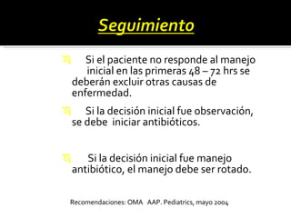 Si el paciente no responde al manejo  inicial en las primeras 48 – 72 hrs se  deberán excluir otras causas de  enfermedad.  Si la decisión inicial fue observación,  se debe  iniciar antibióticos.  Si la decisión inicial fue manejo  antibiótico, el manejo debe ser rotado.  Recomendaciones: OMA  AAP. Pediatrics, mayo 2004 