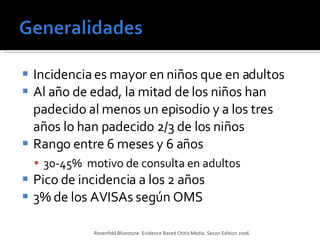 Incidencia es mayor en niños que en adultos Al año de edad, la mitad de los niños han padecido al menos un episodio y a los tres años lo han padecido 2/3 de los niños Rango entre 6 meses y 6 años 30-45%  motivo de consulta en adultos Pico de incidencia a los 2 años 3% de los AVISAs según OMS Rosenfeld Bluestone. Evidence Based Otitis Media. Secon Edition 2006 