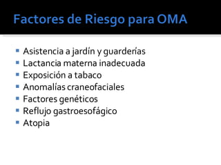Asistencia a jardín y guarderías Lactancia materna inadecuada Exposición a tabaco Anomalías craneofaciales Factores genéticos Reflujo gastroesofágico Atopia 