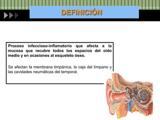 DEFINICIÓN



Proceso infeccioso-inflamatorio que afecta a la
mucosa que recubre todos los espacios del oído
medio y en oc...