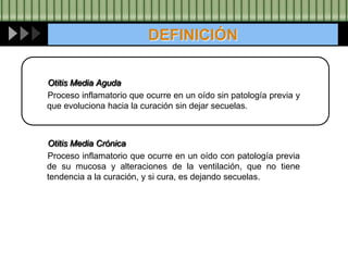 DEFINICIÓN

Otitis Media Aguda
Proceso inflamatorio que ocurre en un oído sin patología previa y
que evoluciona hacia la c...