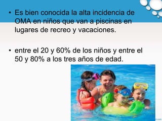 • Es bien conocida la alta incidencia de
  OMA en niños que van a piscinas en
  lugares de recreo y vacaciones.

• entre el 20 y 60% de los niños y entre el
  50 y 80% a los tres años de edad.
 