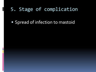 5. Stage of complication
 Spread of infection to mastoid

 