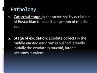 Pathology
1. Catarrhal stage: is characterized by occlusion

of Eustachian tube and congestion of middle
ear.
2. Stage of exudation: Exudate collects in the

middle ear and ear drum is pushed laterally.
Initially the exudate is mucoid, later it
becomes purulent.

 