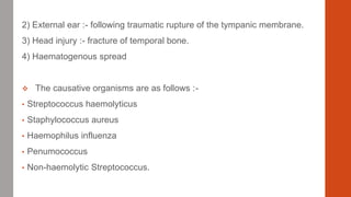 2) External ear :- following traumatic rupture of the tympanic membrane.
3) Head injury :- fracture of temporal bone.
4) Haematogenous spread
 The causative organisms are as follows :-
• Streptococcus haemolyticus
• Staphylococcus aureus
• Haemophilus influenza
• Penumococcus
• Non-haemolytic Streptococcus.
 