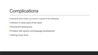 Complications
Untreated otitis media can result in any/all of the following:
Infection in other parts of the head
Permanent hearing loss
Problem with speech and language development
Tearing of ear drum
 