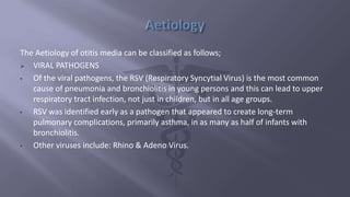 The Aetiology of otitis media can be classified as follows;
 VIRAL PATHOGENS
• Of the viral pathogens, the RSV (Respiratory Syncytial Virus) is the most common
cause of pneumonia and bronchiolitis in young persons and this can lead to upper
respiratory tract infection, not just in children, but in all age groups.
• RSV was identified early as a pathogen that appeared to create long-term
pulmonary complications, primarily asthma, in as many as half of infants with
bronchiolitis.
• Other viruses include: Rhino & Adeno Virus.
 