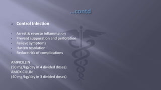  Control Infection
• Arrest & reverse inflammation
• Prevent suppuration and perforation
• Relieve symptoms
• Hasten resolution
• Reduce risk of complications
AMPICILLIN
(50 mg/kg/day in 4 divided doses)
AMOXICILLIN
(40 mg/kg/day in 3 divided doses)
 