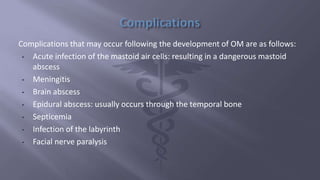 Complications that may occur following the development of OM are as follows:
• Acute infection of the mastoid air cells: resulting in a dangerous mastoid
abscess
• Meningitis
• Brain abscess
• Epidural abscess: usually occurs through the temporal bone
• Septicemia
• Infection of the labyrinth
• Facial nerve paralysis
 