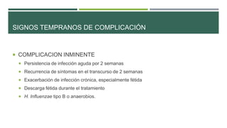 SIGNOS TEMPRANOS DE COMPLICACIÓN

 COMPLICACION INMINENTE
 Persistencia de infección aguda por 2 semanas
 Recurrencia de síntomas en el transcurso de 2 semanas

 Exacerbación de infección crónica, especialmente fétida
 Descarga fétida durante el tratamiento
 H. Influenzae tipo B o anaerobios.

 