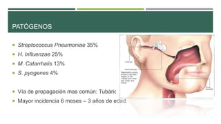 PATÓGENOS
 Streptococcus Pneumoniae 35%
 H. Influenzae 25%
 M. Catarrhalis 13%
 S. pyogenes 4%

 Vía de propagación mas común: Tubárica
 Mayor incidencia 6 meses – 3 años de edad.

 