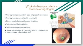 ¿Cuándo hay que referir a
otorrinolaringología?
●Ante la presencia de parálisis facial o hipoacusia conductiva
●Ante la presencia de mastoiditis o meningitis
●Otorrea purulenta con perforación timpánica.
●Pacientes con falla terapéutica
●Pacientes inmunocomprometidos
●Cuando hay presencia de OMA recurrente (> 3 episodios en
6 meses o mayor a 4 en todo el año)
 