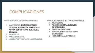 COMPLICACIONES
INTRATEMPORALES-EXTRACRANEALES.
1. MASTOIDITIS. SIN PERIOSTÍTIS U
OSTEÍTIS, AGUDA CON PERIOSTITIS,
AGUDA CON OSTEÍTIS, SUBAGUDA,
CRÓNICA.
2. PETROSITIS.
3. PARÁLISIS FACIAL.
4. LABERINTIS Y FÍSTULAS LABERÍNTICAS.
INTRACRANEALES- EXTRATEMPORALES.
1. MENINGITIS
2. ABCESOS EXTRADURALES,
CEREBRALES.
3. EMPIEMA SUBDURAL
4. TROMBOFLEBITIS DEL SENO
SIGMOIDEO
5. HIDROCEFALIA OTÓGENA
 