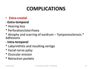 COMPLICATIONS
• Extra-cranial
- Extra-temporal
* Hearing loss
* Perforation/otorrhoea
* Atrophy and scarring of eardrum – Tympanosclerosis *
Adhesions
- Intra-temporal
* Labyrinthitis and resulting vertigo
* Facial nerve palsy
* Ossicular erosion
* Retraction pockets
15 April 2024 Dr. Chongo Shapi (BSc. HB, MBChB) 20
 