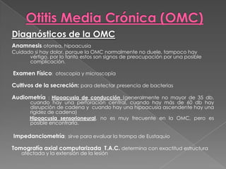 Diagnósticos de la OMC
Anamnesis: otorrea, hipoacusia
Cuidado si hay dolor, porque la OMC normalmente no duele, tampoco hay
      vértigo, por lo tanto estos son signos de preocupación por una posible
      complicación.

Examen Físico: otoscopia y microscopía

Cultivos de la secreción: para detectar presencia de bacterias

Audiometría   : Hipoacusia de conducción (generalmente no mayor de 35 db,
       cuando hay una perforación central, cuando hay más de 60 db hay
       disrupción de cadena y cuando hay una hipoacusia ascendente hay una
       rigidez de cadena)
       Hipoacusia sensorioneural, no es muy frecuente en la OMC, pero es
       posible encontrarla.

Impedanciometría: sirve para evaluar la trompa de Eustaquio

Tomografía axial computarizada T.A.C. determina con exactitud estructura
   afectada y la extensión de la lesión
 