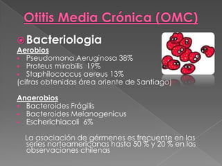  Bacteriologia
Aerobios
 Pseudomona Aeruginosa 38%
 Proteus mirabilis 19%
 Staphilococcus aereus 13%
(cifras obtenidas área oriente de Santiago)

Anaerobios
 Bacteroides Frágilis
 Bacteroides Melanogenicus
 Escherichiacoli 6%

  La asociación de gérmenes es frecuente en las
  series norteamericanas hasta 50 % y 20 % en las
  observaciones chilenas
 