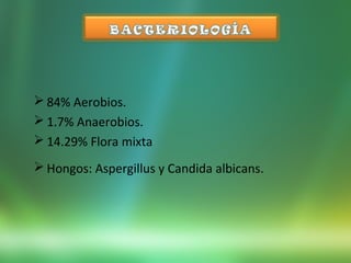  84% Aerobios.
 1.7% Anaerobios.
 14.29% Flora mixta
 Hongos: Aspergillus y Candida albicans.
 