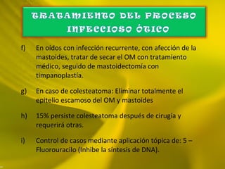 f) En oídos con infección recurrente, con afección de la
mastoides, tratar de secar el OM con tratamiento
médico, seguido de mastoidectomía con
timpanoplastía.
g) En caso de colesteatoma: Eliminar totalmente el
epitelio escamoso del OM y mastoides
h) 15% persiste colesteatoma después de cirugía y
requerirá otras.
i) Control de casos mediante aplicación tópica de: 5 –
Fluorouracilo (Inhibe la síntesis de DNA).
 