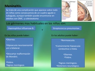 Meningitis.
Se trata de una complicación que aparece sobre todo
en niños como consecuencia de un cuadro agudo o
subaguda, aunque también puede encontrarse en
adultos con OMC. y colesteatoma
Los gérmenes mas habituales en los niños son:
Haemophilus influenzae B. Streptococcus pneumoniae.
En los niños puede haber: En los adultos puede haber:
•Otorrea.
•Hipoacusia neurosensorial
uní o bilateral.
•Descartar malformación
de Mondini.
•Fiebre.
•Signos meníngeos
•Normoacusia.
•Comúnmente hipoacusia
conductiva o mixta.
•Otorrea.
•Fiebre.
•Signos meníngeos.
•Deterioro neurológico.
y
 