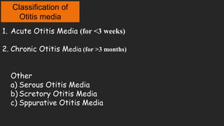 Small intestine extends A
1. Acute Otitis Media (for <3 weeks)
2. Chronic Otitis Media (for >3 months)
Other
a) Serous Otitis Media
b) Scretory Otitis Media
c) Sppurative Otitis Media
Classification of
Otitis media
 