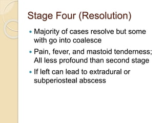 Stage Four (Resolution)
 Majority of cases resolve but some
with go into coalesce
 Pain, fever, and mastoid tenderness;
All less profound than second stage
 If left can lead to extradural or
subperiosteal abscess
 