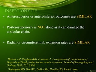 INSERTION SITE
• Anterosuperior or anteroinferior outcomes are SIMILAR
• Posterosuperiorly is NOT done as it can damage the
ossicular chain.
• Radial or circumferential, extrusion rates are SIMILAR
Heaton .1M, Bingham BJG, Osbourne J. A comparison of performance of
Shepard and Sheehy collar button ventilation tubes. Journal of Laryngology and
Otology. 1991; 105: 896-8
Guttenplan MD, Tom WC, DeVito MA, Handler SO, Radial versus
 
