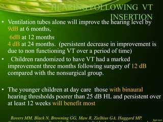 HEARING FOLLOWING VT
INSERTION
• Ventilation tubes alone will improve the hearing level by
9dB at 6 months,
6dB at 12 months
4 dB at 24 months. (persistent decrease in improvement is
due to non functioning VT over a period of time)
• Children randomized to have VT had a marked
improvement three months following surgery of 12 dB
compared with the nonsurgical group.
• The younger children at day care those with binaural
hearing thresholds poorer than 25 dB HL and persistent over
at least 12 weeks will benefit most
Rovers MM, Black N, Browning GG, Maw R, Zielhius GA, Haggard MP.
 