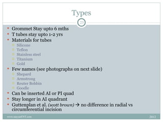 Types
                                    23
 Grommet Stay upto 6 mths
 T tubes stay upto 1-2 yrs
 Materials for tubes
   Silicone
   Teflon
   Stainless steel
   Titanium
   Gold

 Few names (see photographs on next slide)
   Shepard
   Armstrong
   Reuter Bobbin
   Goodle

 Can be inserted AI or PI quad
 Stay longer in AI quadrant
 Guttenplan et al. (scott brown)  no difference in radial vs
   circumferential incision
www.nayyarENT.com                                                2012
 