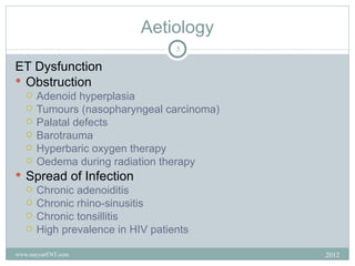 Aetiology
                                5

ET Dysfunction
 Obstruction
      Adenoid hyperplasia
      Tumours (nasopharyngeal carcinoma)
      Palatal defects
      Barotrauma
      Hyperbaric oxygen therapy
      Oedema during radiation therapy
 Spread of Infection
   Chronic adenoiditis
   Chronic rhino-sinusitis
   Chronic tonsillitis
   High prevalence in HIV patients


www.nayyarENT.com                           2012
 