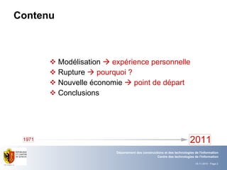 Contenu Modélisation    expérience personnelle Rupture     pourquoi ? Nouvelle économie    point de départ Conclusions 