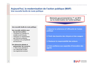 Aujourd’hui, la modernisation de l’action publique (MAP)
    Une nouvelle feuille de route politique


                                                   Séminaire gouvernemental du 1er oct 2012
                                                   sur la modernisation de l’action publique



     Une nouvelle feuille de route politique
                                               1. Assurer la cohérence et l’efficacité de l’action
     Une nouvelle ambition pour                publique
       les services publics :
     - Contribuer au maintien du
       modèle social français,
     - Participer au redressement              2. Partir des besoins des citoyens et des usagers
       des finances publiques,
     - Contribuer à la compétitivité
       de l'économie.                          3. Restaurer la responsabilité des acteurs

     Une démarche globale et
       partenariale, qui concerne :            4. Faire confiance aux capacités d’innovation des
     - L’ État et ses opérateurs,              agents
     - Les collectivités locales,
     - Les organismes sociaux.




3
 