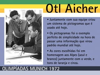  Juntamente com sua equipe criou
um sistema de pictogramas que é
usado até hoje.
 Os pictogramas foi o exemplo
perfeito de simplicidade na hora de
passar uma informação que virou
padrão mundial até hoje.
 As cores escolhidas foi em
homenagem aos Alpes (azul e
branco) juntamente com o verde, e
tons de laranja e cinza.
 