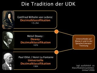 Die Tradition der UDK

Gottfried Wilhelm von Leibniz:
  Dezimalklassifikation
           17J. Jhd.




        Melvil Dewe...