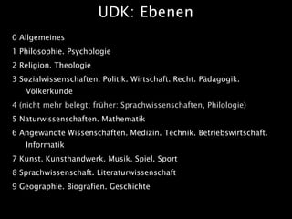 UDK: Ebenen
0 Allgemeines
1 Philosophie. Psychologie
2 Religion. Theologie
3 Sozialwissenschaften. Politik. Wirtschaft. Re...