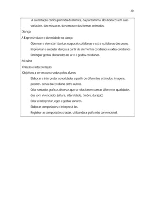 30


   •
   A exercitação cênica partindo da mímica, da pantomima, dos bonecos em suas
        variações, das máscaras, da sombra e das formas animadas.
Dança
A Expressividade e diversidade na dança:
   •
   Observar e vivenciar técnicas corporais cotidianas e extra-cotidianas dos povos.
   •
   Improvisar e executar danças a partir de elementos cotidianos e extra-cotidianos
   •
   Distinguir gestos elaborados na arte e gestos cotidianos.
Música
Criação e interpretação
Objetivos a serem construídos pelos alunos
   •
   Elaborar e interpretar sonoridades a partir de diferentes estímulos: imagens,
        poemas, cenas do cotidiano entre outros.
   • símbolos gráficos diversos que se relacionem com as diferentes qualidades
   Criar
        dos sons vivenciados (altura, intensidade, timbre, duração).
   • e interpretar jogos e gestos sonoros.
   Criar
   •
   Elaborar composições e interpretá-las.
   •
   Registrar as composições criadas, utilizando a grafia não convencional.
 
