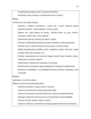 63


   •
   A organização do espaço cênico e do espaço dramático.
   •
   Articulações éticas, estéticas e multiculturais entre as culturas
Dança
Consciência e construção corporal:
   •
   Descobrir e explorar movimentos, a partir das 3 ações corporais básicas
        (flexionar/estender, levantar/abaixar, circular ou girar)
   •
   Explorar as 8 ações básicas de esforço                  (deslizar, flutuar ou voar, retorcer,
        pressionar, sacudir, tocar, cortar, golpear)
   •
   Experimentar diversas maneiras de respirar e relaxar.
   •
   Vivenciar a coordenação das partes do corpo e identificar as diversas posturas.
   •
   Perceber a voz e o silêncio do corpo (o meu corpo e o corpo do outro)
   • deslocamentos (caminhar, correr, engatinhar, rastejar, rolar, girar, mudar
   Realizar
        de apoio, saltos, giros, paradas, etc.)
   •
   Perceber, especialmente em termos de imagem mental, forma, tamanho, textura,
        temperatura da matéria corporal.
   •
   Compreender a relação entre respiração e movimento
   •
   Despertar para a sensação de grupo ( adaptação e integração a companheiros)
   •
   Reconhecer a mobilidade e a neutralidade da coluna vertebral, articulações, ossos
        e músculos.
Música
Exploração e consciência sonora
Objetivos a serem construídos pelos alunos
   •
   Identificar intervalos e escalas maiores e menores.
   •
   Conhecer as características básicas da música modal.
   •
   Conhecer instrumentos musicais de diferentes culturas e períodos históricos.
   •
   Distinguir as diferentes formas de tocar os instrumentos musicais (dedilhar,
        friccionar, percutir, beliscar, soprar e outras)
   •
   Conhecer tendências e movimentos da música popular internacional como blues,
 