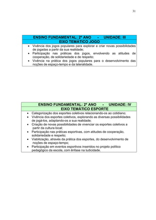 31




     ENSINO FUNDAMENTAL: 2º ANO  -                     UNIDADE: III
                EIXO TEMÁTICO JOGO
• Vivência dos jogos populares para explorar e criar novas possibilidades
  de jogadas a partir da sua realidade;
• Participação nas práticas dos jogos, envolvendo as atitudes de
  cooperação, de solidariedade e de respeito;
• Vivência na prática dos jogos populares para o desenvolvimento das
  noções de espaço-tempo e da lateralidade.




        ENSINO FUNDAMENTAL: 2º ANO  - UNIDADE: IV
                  EIXO TEMÁTICO ESPORTE
•   Categorização dos esportes coletivos relacionando-os ao cotidiano;
•   Vivência dos esportes coletivos, explorando as diversas possibilidades
    de jogá-los, adaptando-os a sua realidade;
•   Criação de novas possibilidades de vivenciar os esportes coletivos a
     partir da cultura local;
•   Participação nas práticas esportivas, com atitudes de cooperação,
    solidariedade e respeito;
•   Viabilização, através da prática dos esportes, do desenvolvimento de
     noções de espaço-tempo;
•   Participação em eventos esportivos inseridos no projeto político
    pedagógico da escola, com ênfase na ludicidade.
 