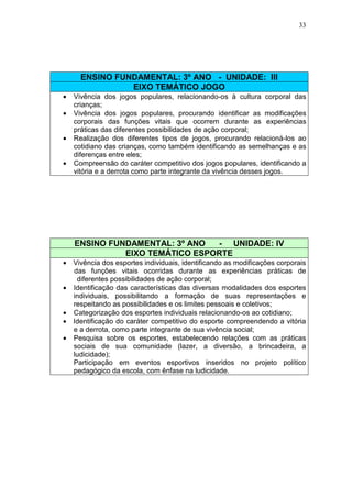 33




      ENSINO FUNDAMENTAL: 3º ANO - UNIDADE: III
                EIXO TEMÁTICO JOGO
•   Vivência dos jogos populares, relacionando-os à cultura corporal das
    crianças;
•   Vivência dos jogos populares, procurando identificar as modificações
    corporais das funções vitais que ocorrem durante as experiências
    práticas das diferentes possibilidades de ação corporal;
•   Realização dos diferentes tipos de jogos, procurando relacioná-los ao
    cotidiano das crianças, como também identificando as semelhanças e as
    diferenças entre eles;
•   Compreensão do caráter competitivo dos jogos populares, identificando a
    vitória e a derrota como parte integrante da vivência desses jogos.




    ENSINO FUNDAMENTAL: 3º ANO  - UNIDADE: IV
              EIXO TEMÁTICO ESPORTE
• Vivência dos esportes individuais, identificando as modificações corporais
  das funções vitais ocorridas durante as experiências práticas de
   diferentes possibilidades de ação corporal;
• Identificação das características das diversas modalidades dos esportes
  individuais, possibilitando a formação de suas representações e
  respeitando as possibilidades e os limites pessoais e coletivos;
• Categorização dos esportes individuais relacionando-os ao cotidiano;
• Identificação do caráter competitivo do esporte compreendendo a vitória
  e a derrota, como parte integrante de sua vivência social;
• Pesquisa sobre os esportes, estabelecendo relações com as práticas
  sociais de sua comunidade (lazer, a diversão, a brincadeira, a
  ludicidade);
  Participação em eventos esportivos inseridos no projeto político
  pedagógico da escola, com ênfase na ludicidade.
 