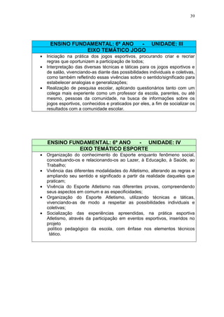 39




     ENSINO FUNDAMENTAL: 6º ANO  -                     UNIDADE: III
                EIXO TEMÁTICO JOGO
• Iniciação na prática dos jogos esportivos, procurando criar e recriar
  regras que oportunizem a participação de todos;
• Interpretação das diversas técnicas e táticas para os jogos esportivos e
  de salão, vivenciando-as diante das possibilidades individuais e coletivas,
  como também refletindo essas vivências sobre o sentido/significado para
  estabelecer analogias e generalizações;
• Realização de pesquisa escolar, aplicando questionários tanto com um
  colega mais experiente como um professor da escola, parentes, ou até
  mesmo, pessoas da comunidade, na busca de informações sobre os
  jogos esportivos, conhecidos e praticados por eles, a fim de socializar os
  resultados com a comunidade escolar.




   ENSINO FUNDAMENTAL: 6º ANO  - UNIDADE: IV
             EIXO TEMÁTICO ESPORTE
• Organização do conhecimento do Esporte enquanto fenômeno social,
  conceituando-os e relacionando-os ao Lazer, à Educação, à Saúde, ao
  Trabalho;
• Vivência das diferentes modalidades do Atletismo, alterando as regras e
  ampliando seu sentido e significado a partir da realidade daqueles que
  praticam;
• Vivência do Esporte Atletismo nas diferentes provas, compreendendo
  seus aspectos em comum e as especificidades;
• Organização do Esporte Atletismo, utilizando técnicas e táticas,
  vivenciando-as de modo a respeitar as possibilidades individuais e
  coletivas;
• Socialização das experiências apreendidas, na prática esportiva
  Atletismo, através da participação em eventos esportivos, inseridos no
  projeto
  político pedagógico da escola, com ênfase nos elementos técnicos
   tático.
 