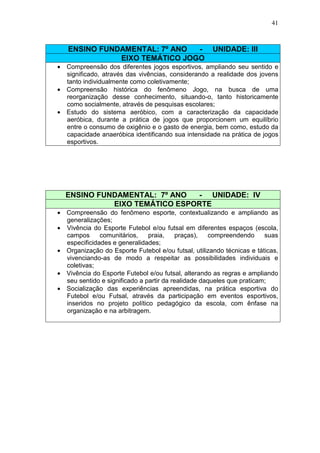 41



   ENSINO FUNDAMENTAL: 7º ANO  -                     UNIDADE: III
              EIXO TEMÁTICO JOGO
• Compreensão dos diferentes jogos esportivos, ampliando seu sentido e
  significado, através das vivências, considerando a realidade dos jovens
  tanto individualmente como coletivamente;
• Compreensão histórica do fenômeno Jogo, na busca de uma
  reorganização desse conhecimento, situando-o, tanto historicamente
  como socialmente, através de pesquisas escolares;
• Estudo do sistema aeróbico, com a caracterização da capacidade
  aeróbica, durante a prática de jogos que proporcionem um equilíbrio
  entre o consumo de oxigênio e o gasto de energia, bem como, estudo da
  capacidade anaeróbica identificando sua intensidade na prática de jogos
  esportivos.




  ENSINO FUNDAMENTAL: 7º ANO  - UNIDADE: IV
            EIXO TEMÁTICO ESPORTE
• Compreensão do fenômeno esporte, contextualizando e ampliando as
  generalizações;
• Vivência do Esporte Futebol e/ou futsal em diferentes espaços (escola,
  campos      comunitários,    praia,     praças),  compreendendo      suas
  especificidades e generalidades;
• Organização do Esporte Futebol e/ou futsal, utilizando técnicas e táticas,
  vivenciando-as de modo a respeitar as possibilidades individuais e
  coletivas;
• Vivência do Esporte Futebol e/ou futsal, alterando as regras e ampliando
  seu sentido e significado a partir da realidade daqueles que praticam;
• Socialização das experiências apreendidas, na prática esportiva do
  Futebol e/ou Futsal, através da participação em eventos esportivos,
  inseridos no projeto político pedagógico da escola, com ênfase na
  organização e na arbitragem.
 