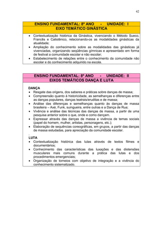 42


    ENSINO FUNDAMENTAL: 8º ANO   - UNIDADE: I
             EIXO TEMÁTICO GINÁSTICA
• Contextualização histórica da Ginástica, vivenciando o Método Sueco,
  Francês e Calistênico, relacionando-os as modalidades ginásticas da
  atualidade;
• Ampliação do conhecimento sobre as modalidades das ginásticas já
  vivenciadas, organizando seqüências gímnicas e apresentado em forma
  de festival a comunidade escolar e não escolar;
• Estabelecimento de relações entre o conhecimento da comunidade não
  escolar e do conhecimento adquirido na escola.



   ENSINO FUNDAMENTAL: 8º ANO   - UNIDADE: II
          EIXOS TEMÁTICOS DANÇA E LUTA

DANÇA
• Resgate das origens, dos saberes e práticas sobre danças de massa;
• Compreensão quanto à historicidade, as semelhanças e diferenças entre
  as danças populares, danças teatrais/eruditas e de massa;
• Análise das diferenças e semelhanças quanto às danças de massa
  brasileira – Axé, Funk, suingueira, entre outras e a Dança de Rua;
• Vivência e análise das técnicas das danças de massa, a partir de uma
  pesquisa anterior sobre o que, onde e como dançam.
• Expressar através das danças de massa a vivência de temas sociais
  (papel do homem, mulher, artistas, personagens, etc.);
• Elaboração de sequências coreográficas, em grupos, a partir das danças
  de massa estudadas, para apreciação da comunidade escolar.
.
LUTA
• Contextualização histórica das lutas através de textos filmes e
  documentários;
• Conhecimento das características das luxações e das distensões
  musculares mais comuns durante a prática das lutas e dos
  procedimentos emergenciais;
• Organização de torneios com objetivo de integração e a vivência do
  conhecimento sistematizado.
 